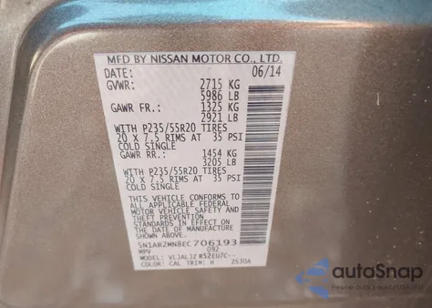 2014 Nissan Pathfinder Platinum from USA, damaged, VIN 5N1AR2MN8EC706193